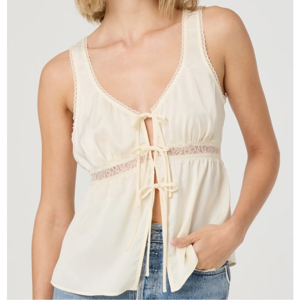 Tie Front Lace Trim Satin Tank Top - Picture 1 of 7